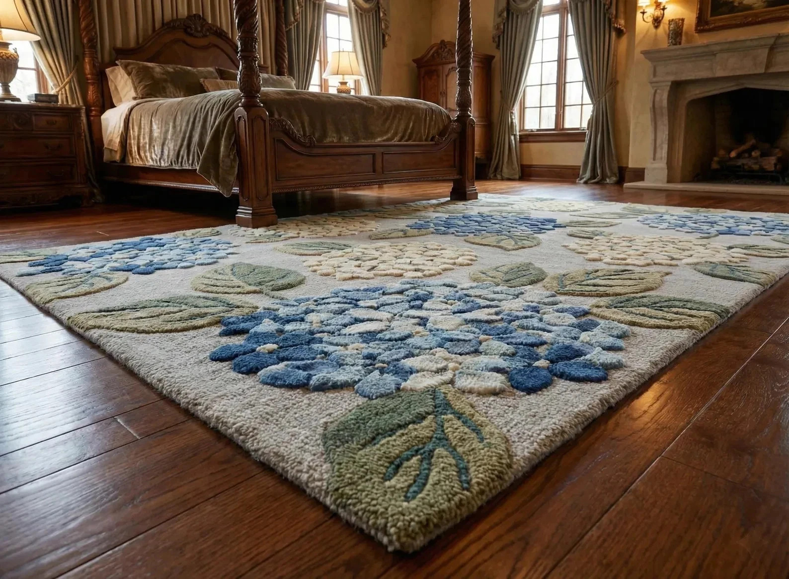 Hand-Tufted Wool Rug Blue & Cream Hydrangea Floral Area Rug Textured Carpet