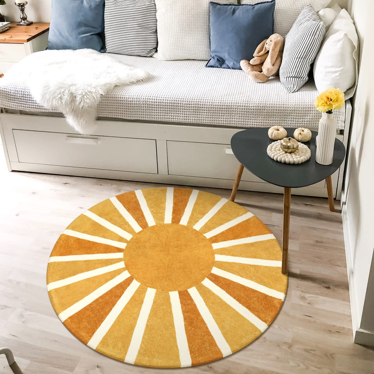 Sun Round Rug: 3ft Washable & Non-Slip Distressed Boho Rainbow Sun Print for …