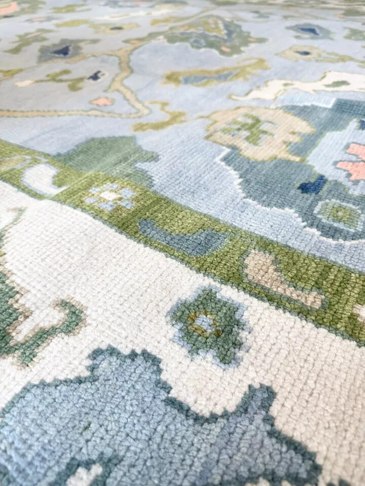 Green Blue Hand Knotted Oushak Rug Turkish Wool Area Carpet For Living Room 9×12