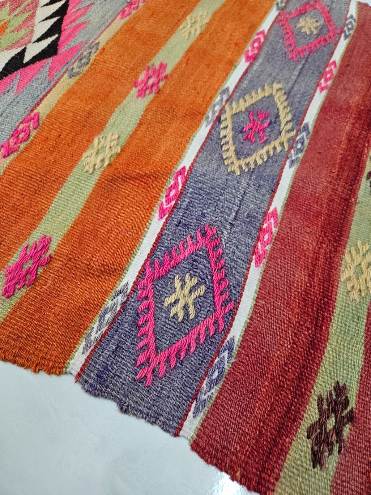 Handmade Wool Turkish 1.8 x 7.9 ft Kilim Runner Rug with Diamond Tribal Motifs