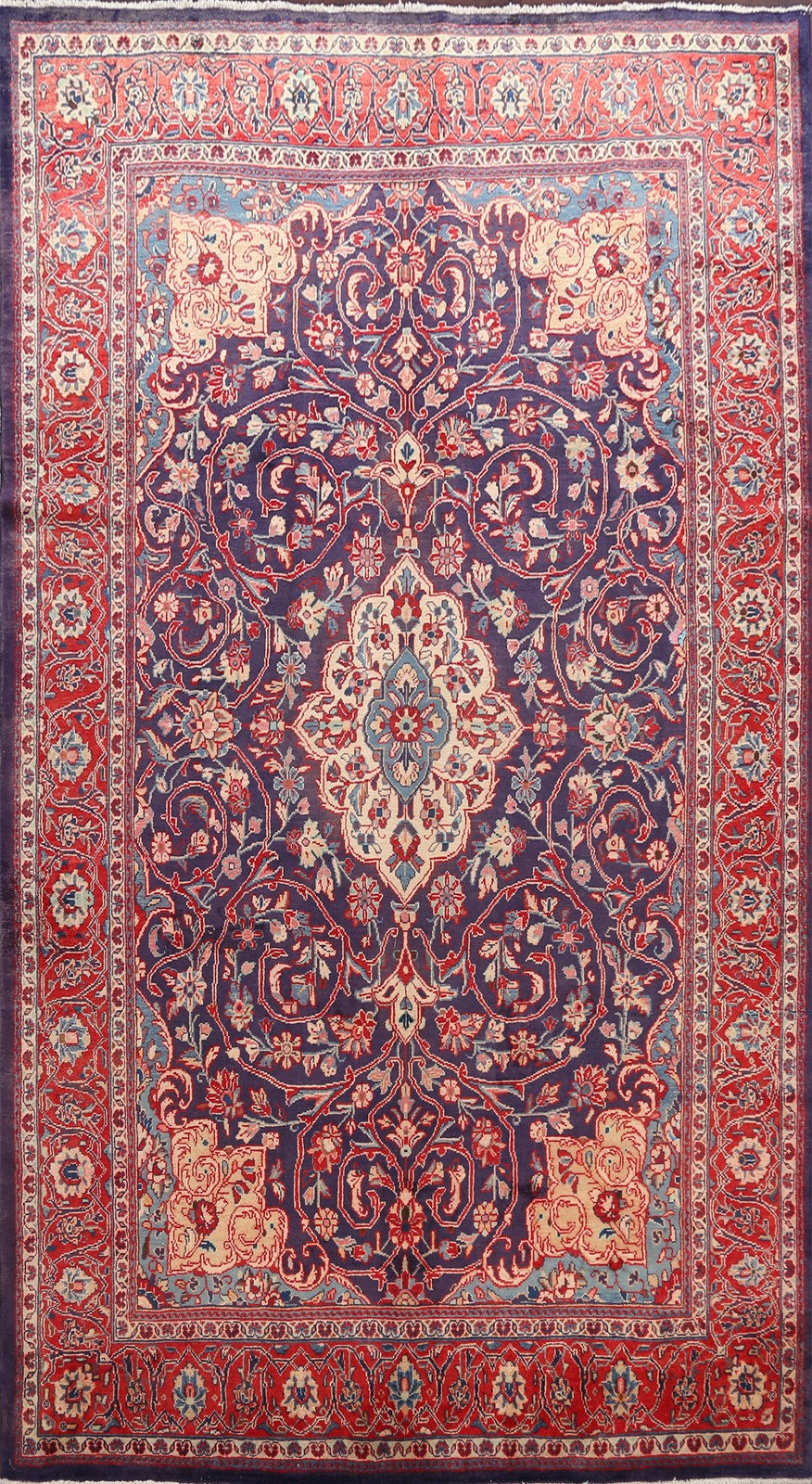 Floral Living Room Area Rug 7×11 Navy Blue Wool Hand-made Classic Vintage Carpet