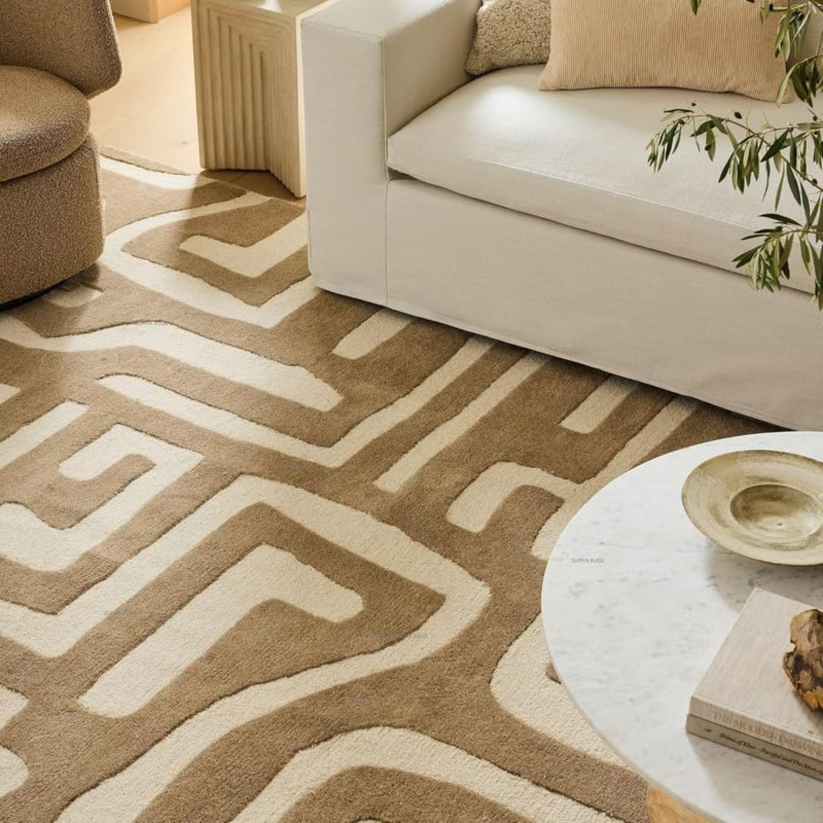 Hand Tufted Wool Area Rug Beige Ivory Modern Geometric Carpet, Custom Living Rug