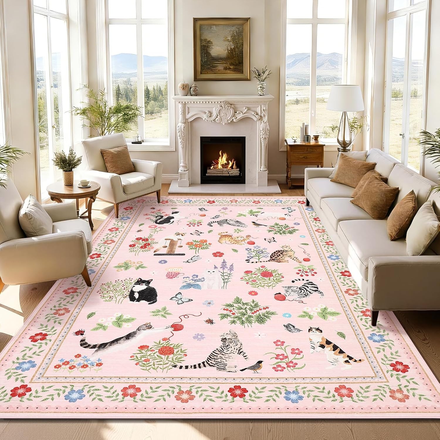 Farmhouse Animal Print 8×10 Area Rug Washable Non Slip Living Bedroom Kids Room