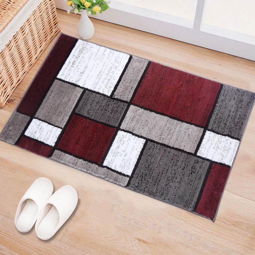 Modern Geometric Boxes Red Area Rug NonShedding Carpet 2×3 Ft
