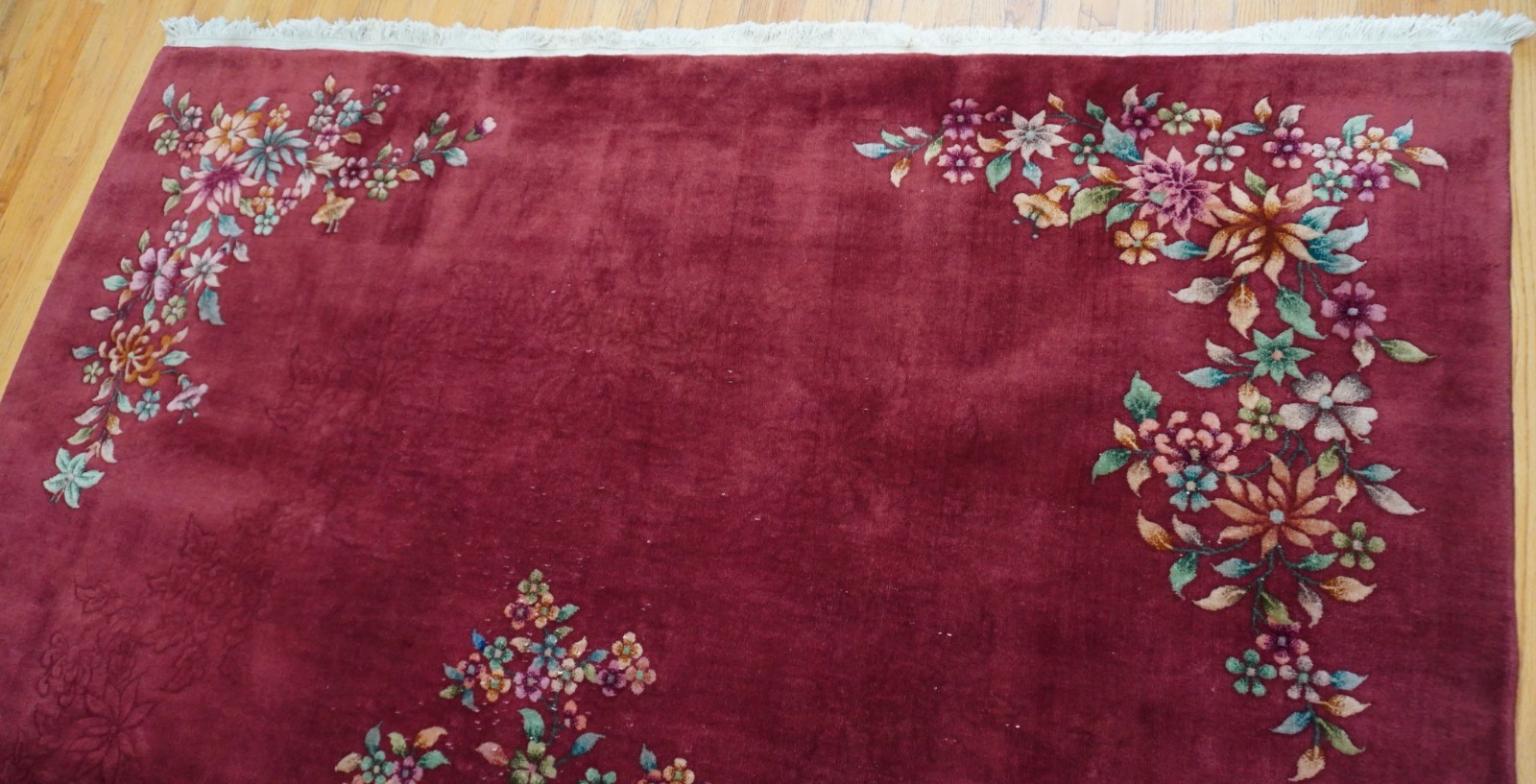 8′ x 9’6″ Antique Art Deco Chinese Hand Knotted Wool Red Floral Oriental Rug