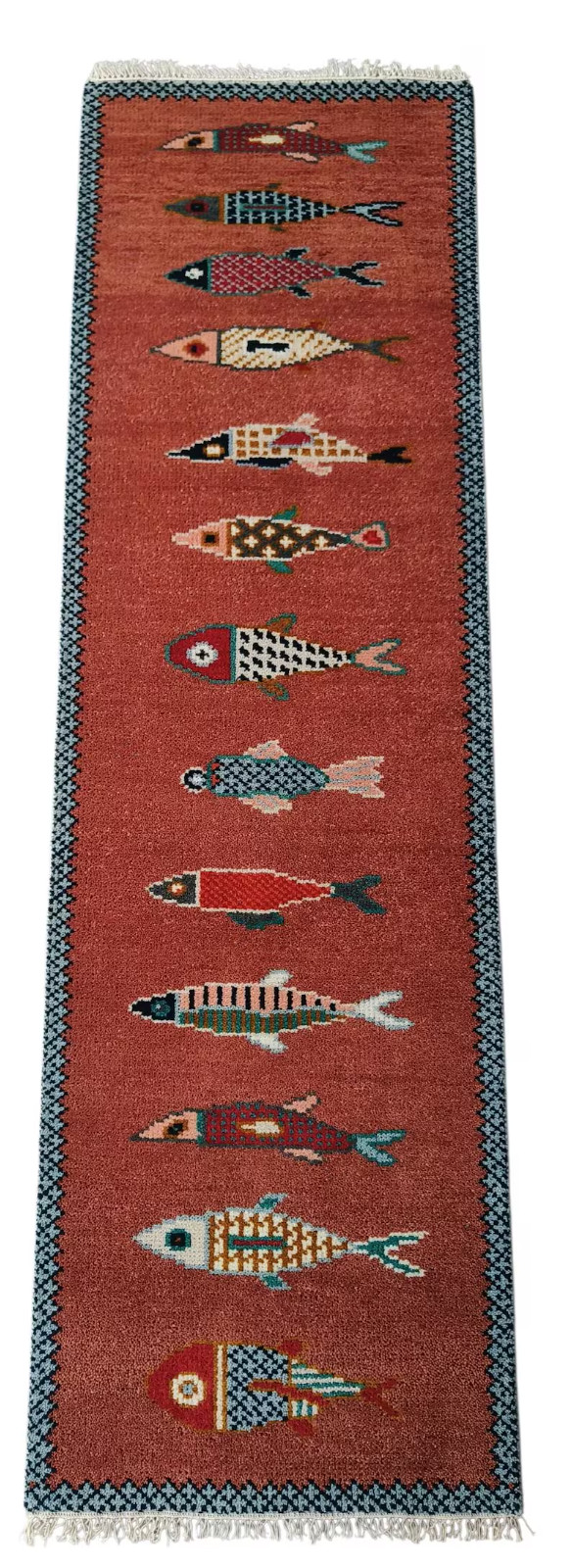 Koi Fish Runner Rug: Brown Colorful Carpet Handmade Wool Area Rug
