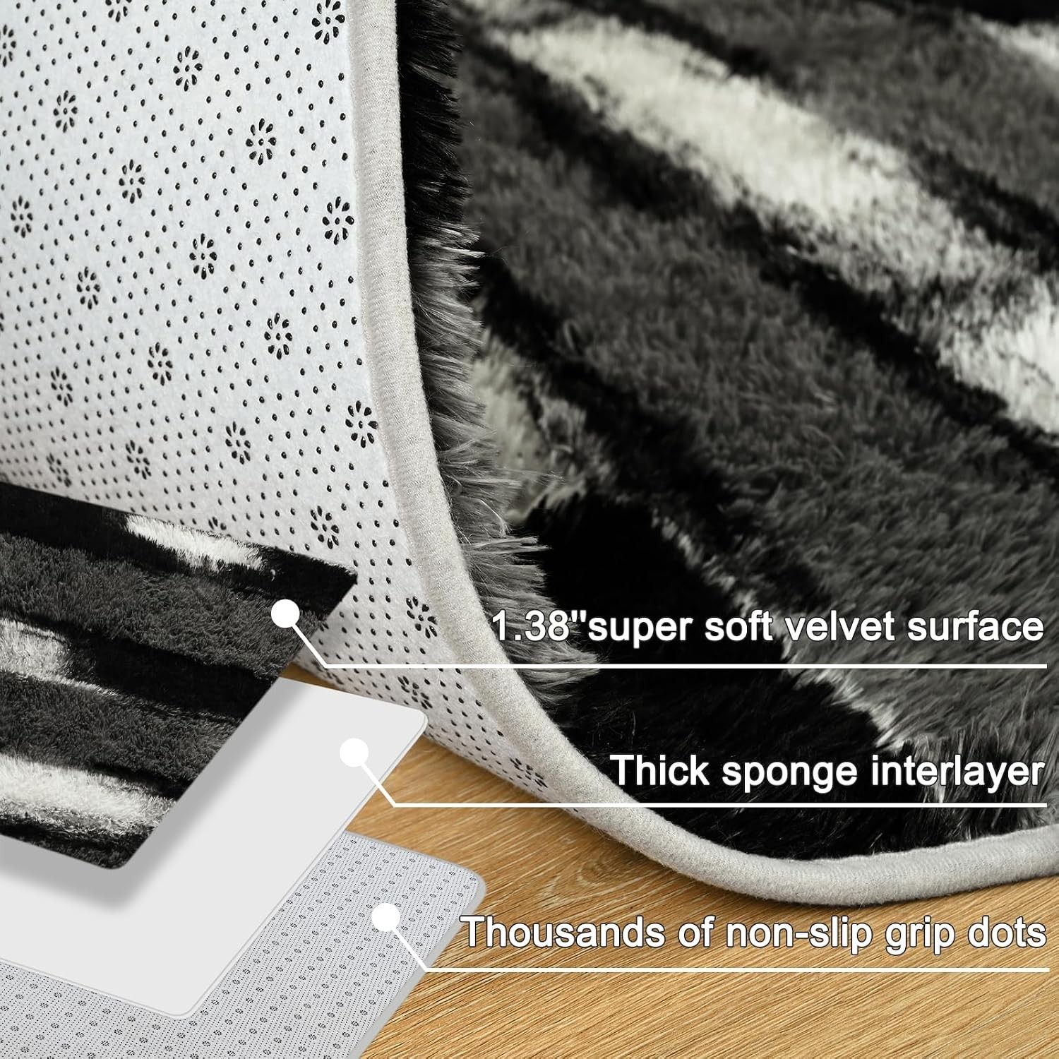 Fluffy Area Rugs for Bedroom Living Room, 4X6 Black and Grey Soft Plush Striped