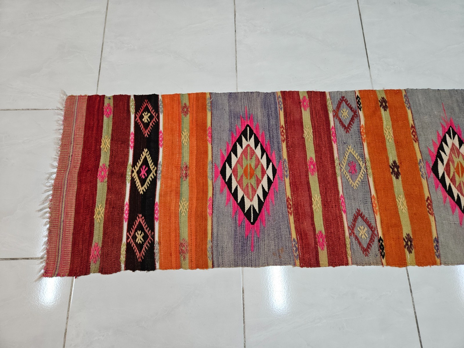 Handmade Wool Turkish 1.8 x 7.9 ft Kilim Runner Rug with Diamond Tribal Motifs