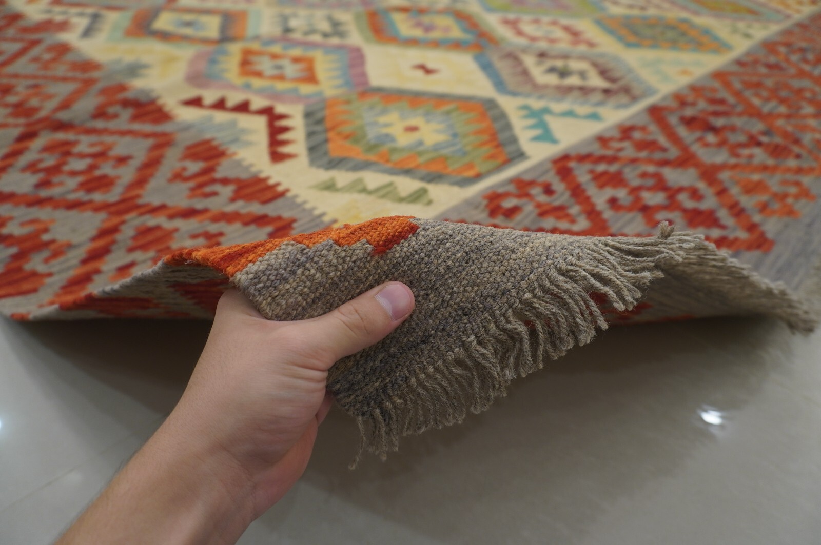 11×13 ft Afghan Kilim Beige Red Handmade Veg dyes Wool Area Rug 10’7″x12’9″