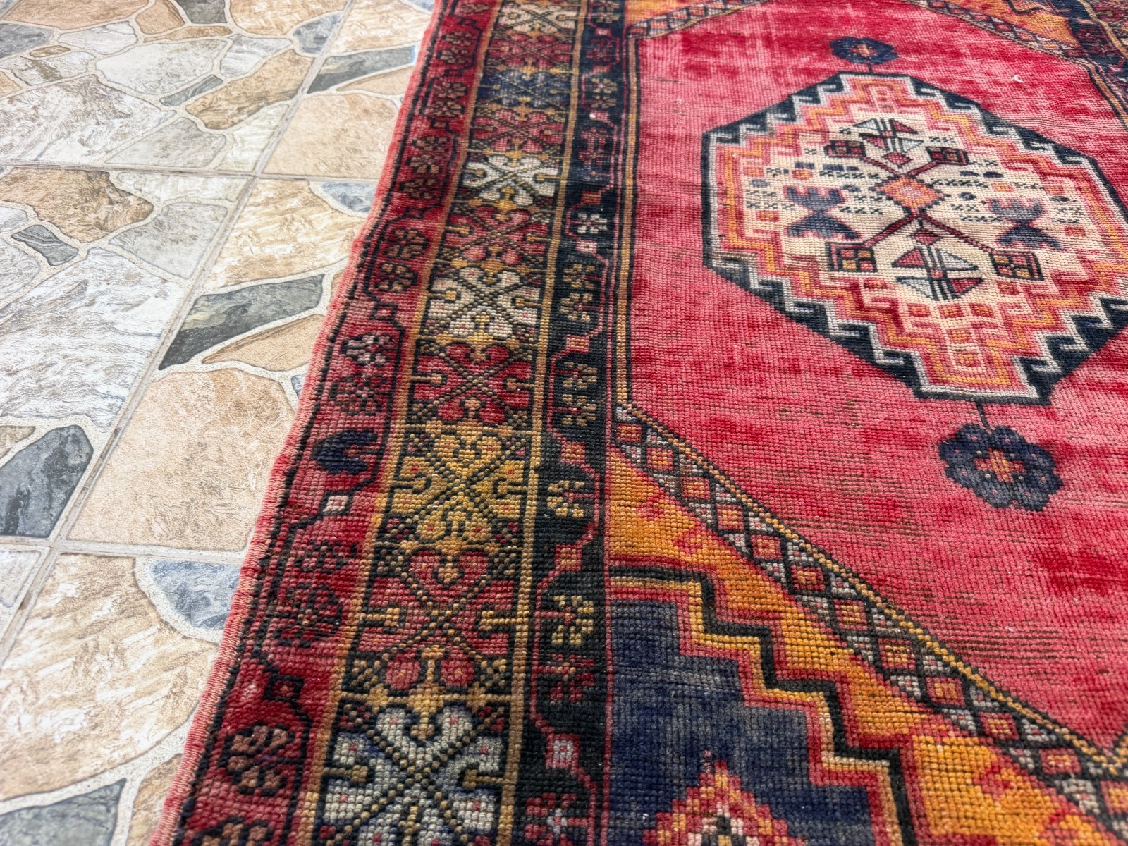 1980s Geometric Turkish Vintage Rug, Distressed Handmade Anatolian Wool Area 4×6