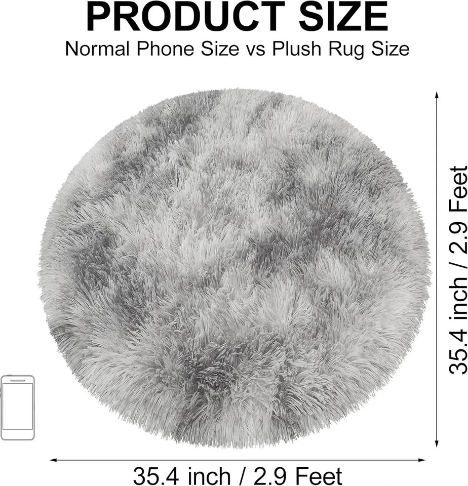 Tie Dye Grey Round Rugs Small 3×3 ft Fluffy Circle Rug Furry Carpet Shaggy
