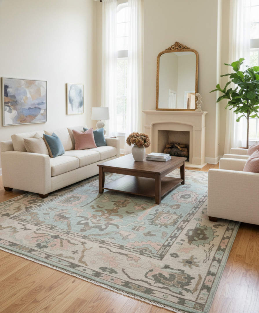 Hand-Knotted Oushak Style Rug – 8×10 Large Area Rug – Sage Green & Blush Pink