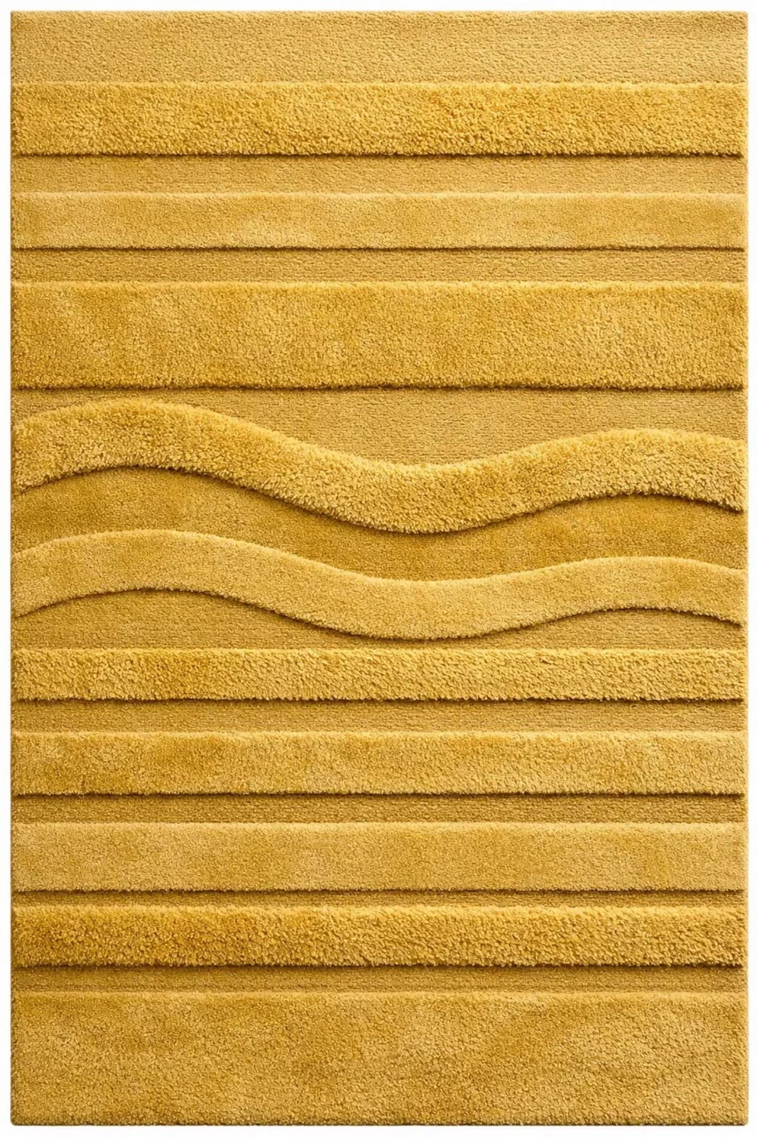 Hand Tufted Wool Area Rug, Modern Abstract Mustard Yellow High Low Pile Rug 8×10