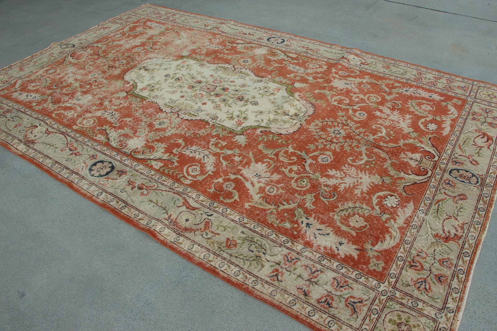 6,6×10,5 ft Turkish Rug, Orange Patchwork Vintage Rug Wool
