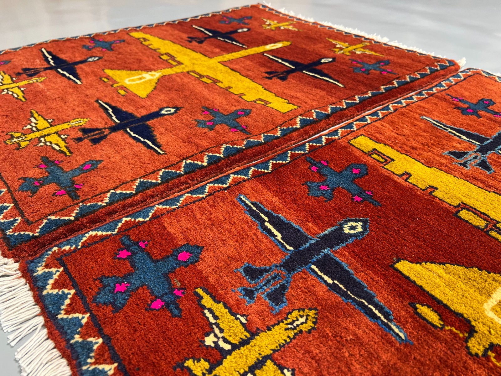 Afghan War Rug Handmade Wool Rust Airplane Military Tribal Carpet