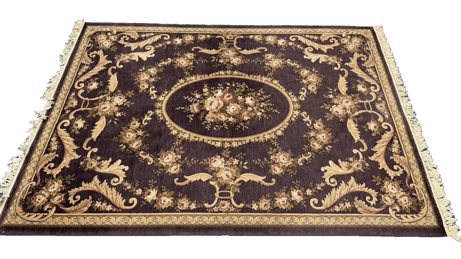 Aubusson Vintage French Empire Style Rug 8 x 11 ft Chocolate Brown & Cream