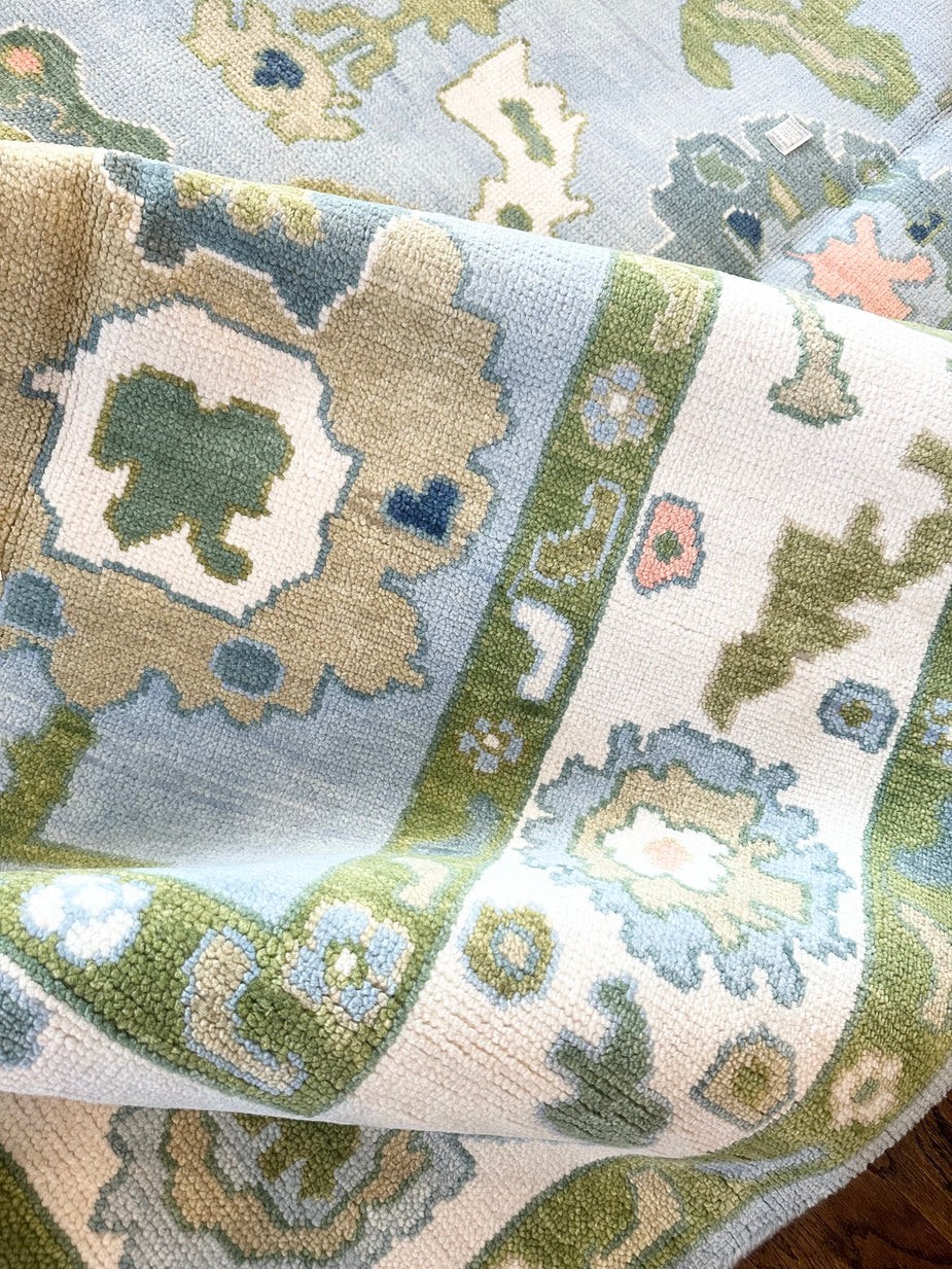 Augusta Blue Oushak Rug Handmade Knotted Rug Blue Floral Area Rug Neutral Wool