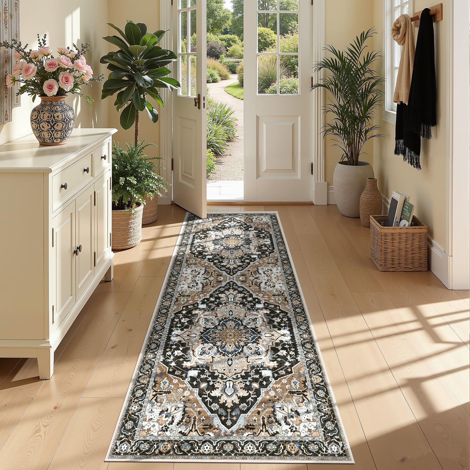 2×6 Black Boho Runner Rug – Washable Non-Slip Low Pile Hallway & Kitchen Rug …
