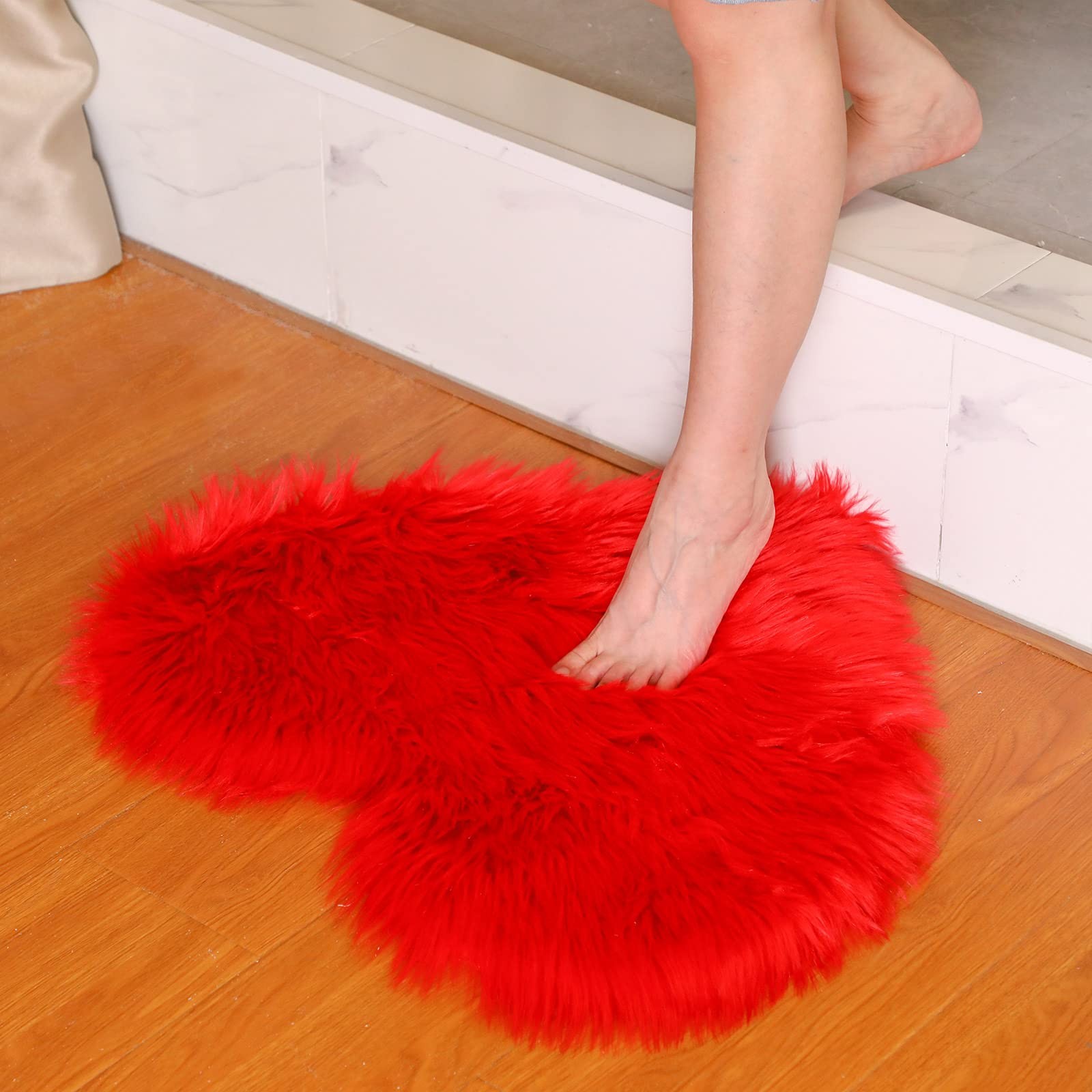 2 PCS 1.64×2 ft Valentines Day Heart Rug Red Pink Fluffy Fur Carpet Bedroom
