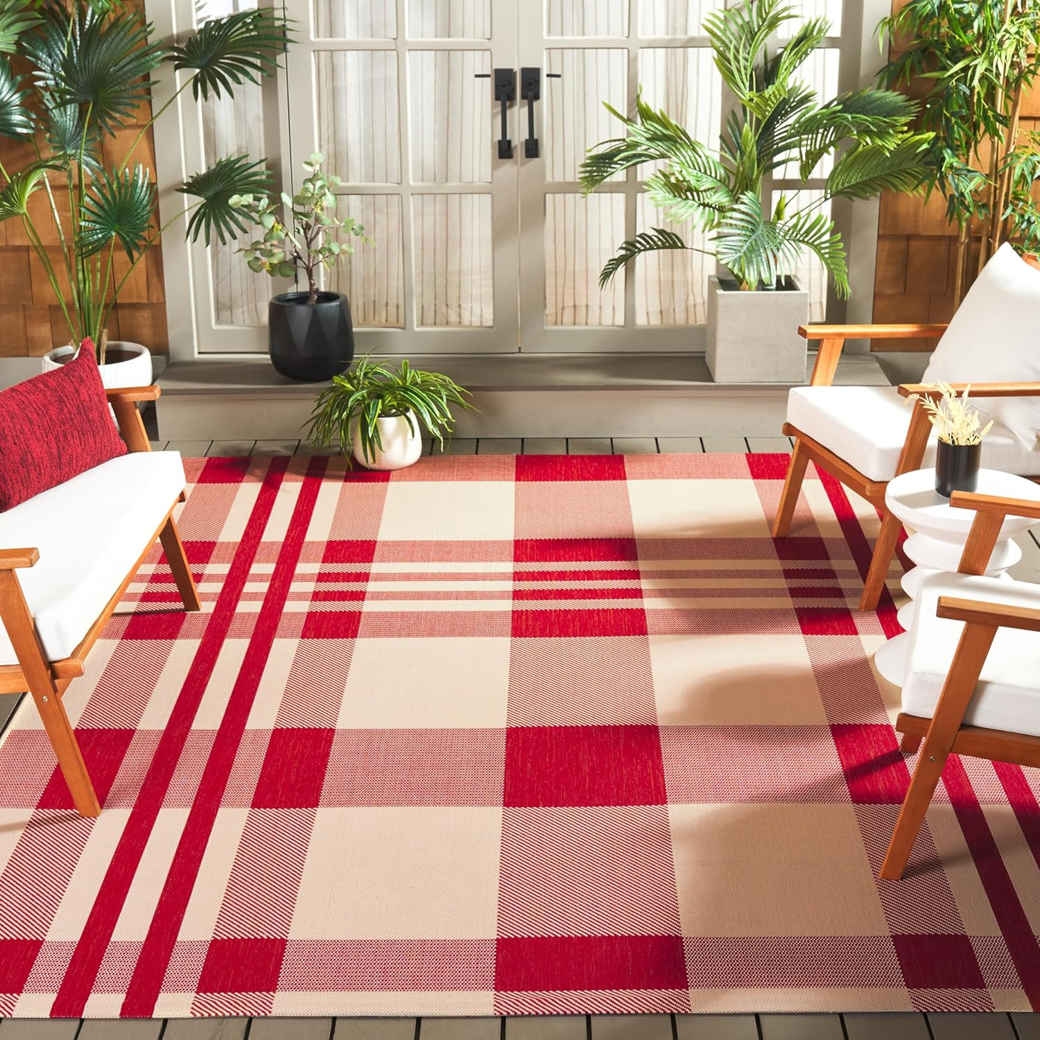 Outdoor Washable Rug – 9′ x 12′, Red & Bone Plaid, Easy Clean, Non-Shedding