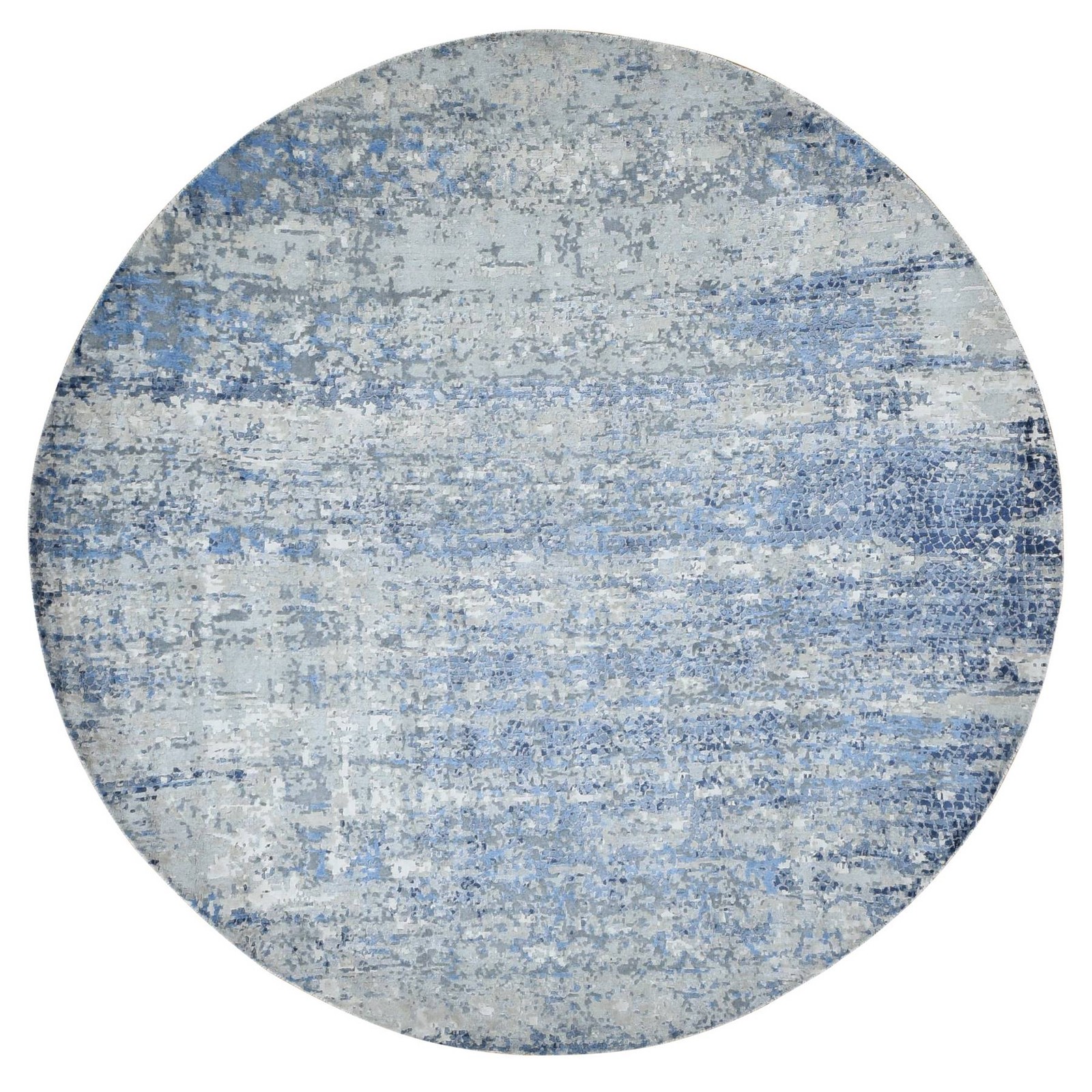 9’x9′ Blue Broken Mosaic Wool and Silk Hand Knotted Round Rug R87568
