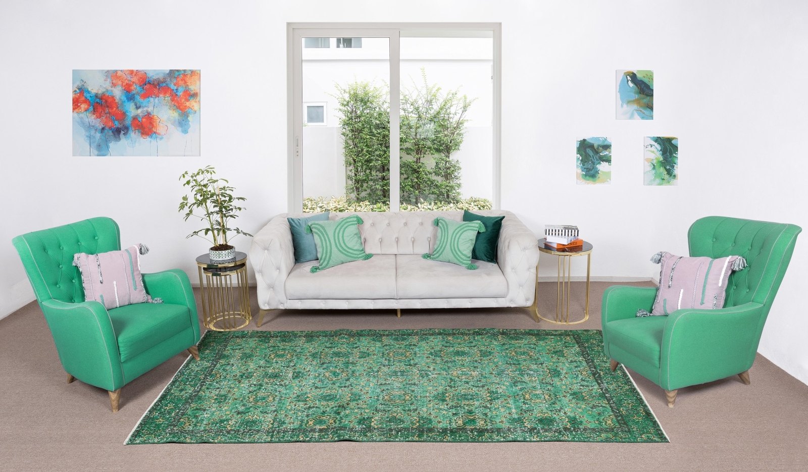 5.3×9.4 Ft Vintage Handmade Turkish Rug Over-Dyed in Green for Modern Interiors