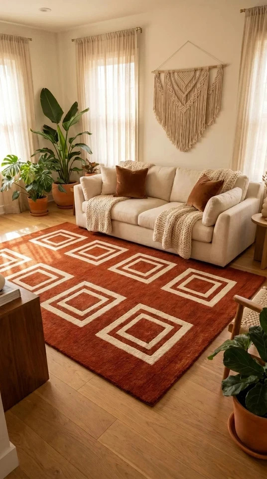 Hand Tufted Wool Rug Rust Orange Geometric Squares Modern Entryway Decor Rug