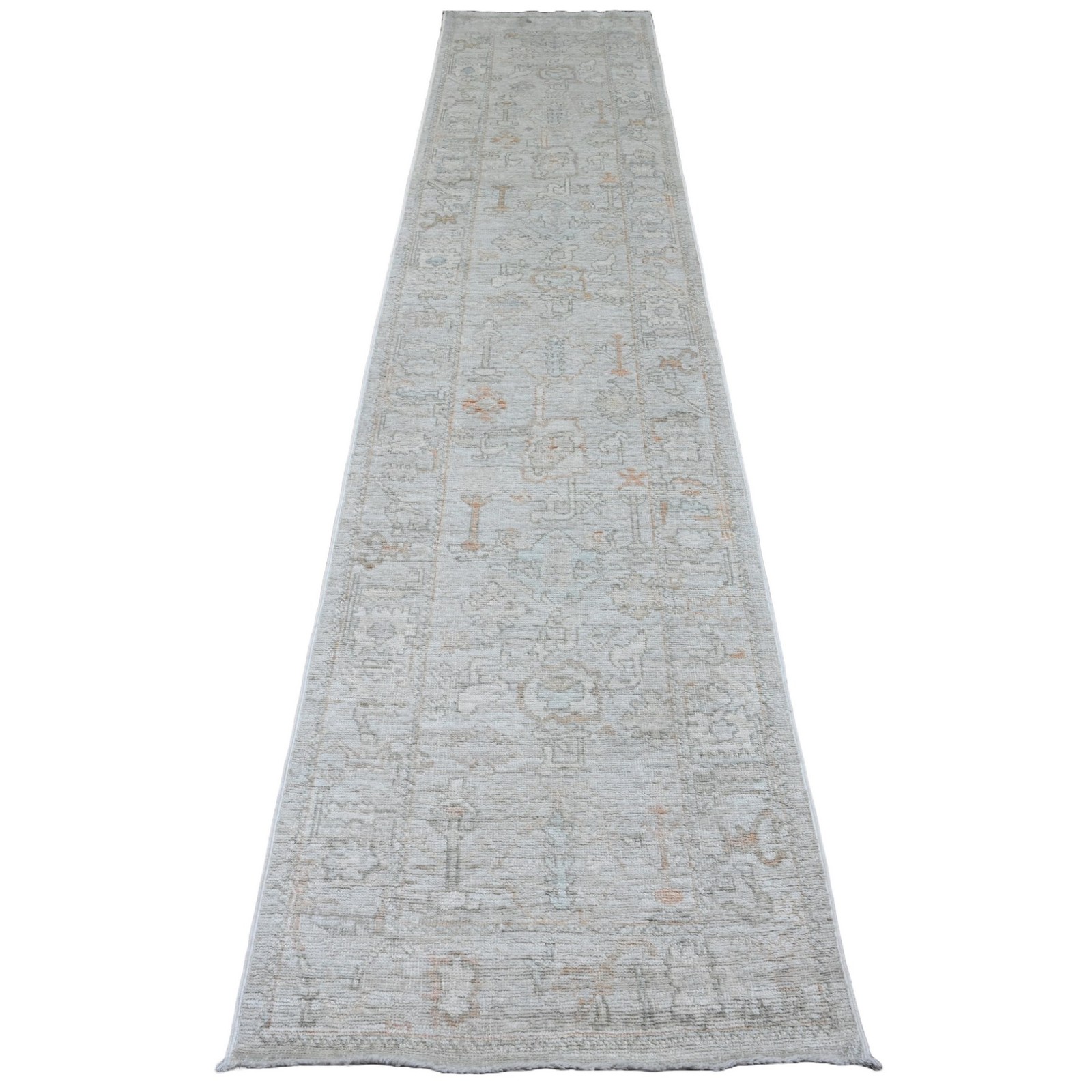 2’7″x12’6″ Cement Gray Hand Knotted Afghan Angora Oushak Wool Runner Rug R20882