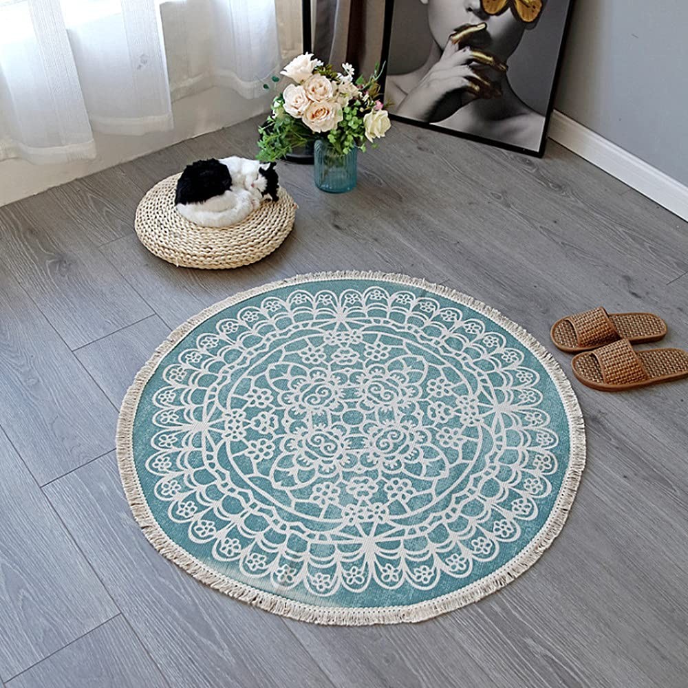 Round Cotton Rug Woven Tassel Throw Rug Washable Area Rug for Living Room Bed…