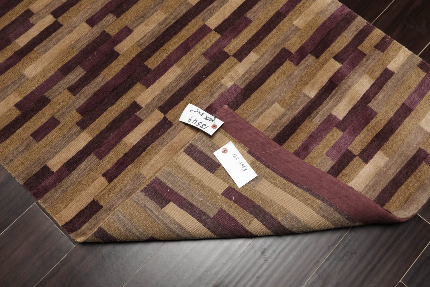 3’x5’2″ Aubergine Hand Knotted Tibetan Contemporary Striped Wool & Silk Area Rug