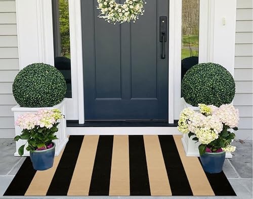 Striped Layering Rug 27.5″x43″,Black and Tan Farmhouse Front Porch Mat Cotton…