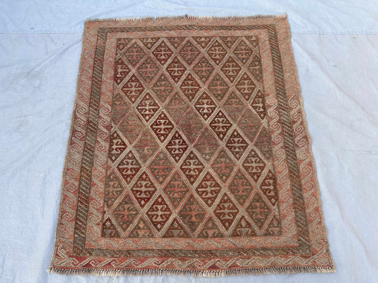 4 x 4’6 Ft Charming Afghan Mishwani Tribal Rug – Terracotta Diamond Vintage Rug