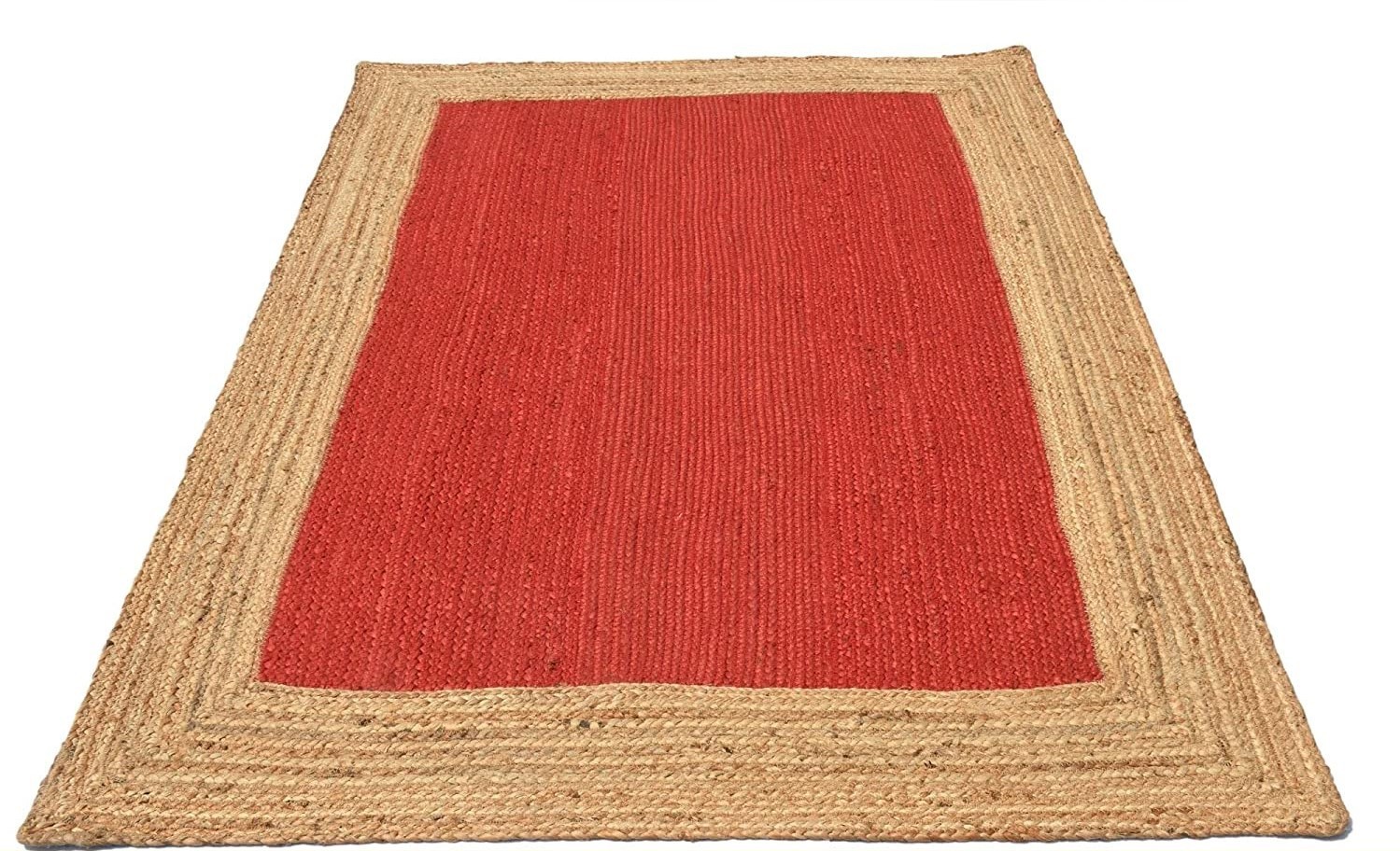 Handmade Red Jute Area Rug with Natural Border Eco-Friendly Braided Carpet rug