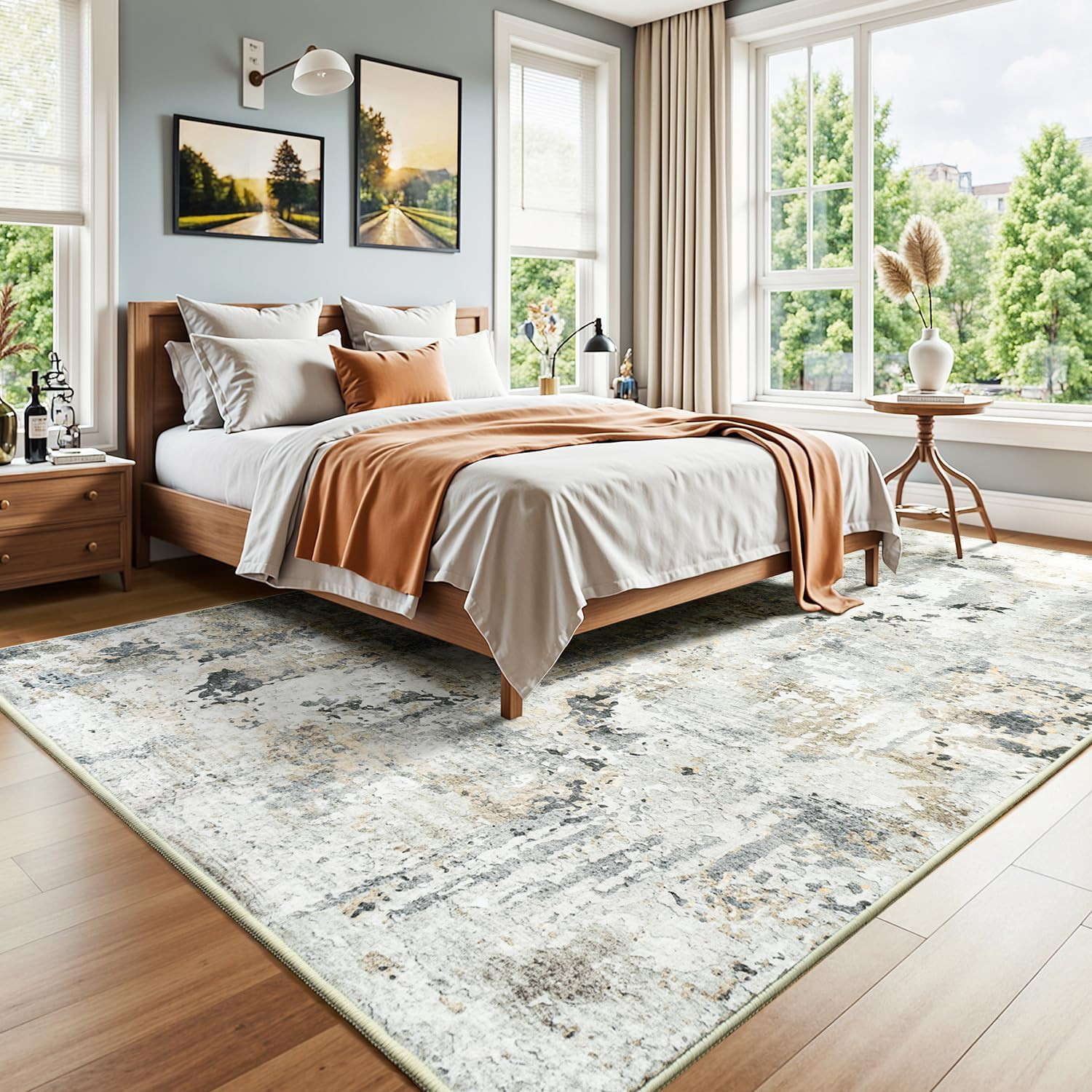 8X10 Area Rugs for Living Room, Abstract Neutral Large Washable Rug, Indoor Soft