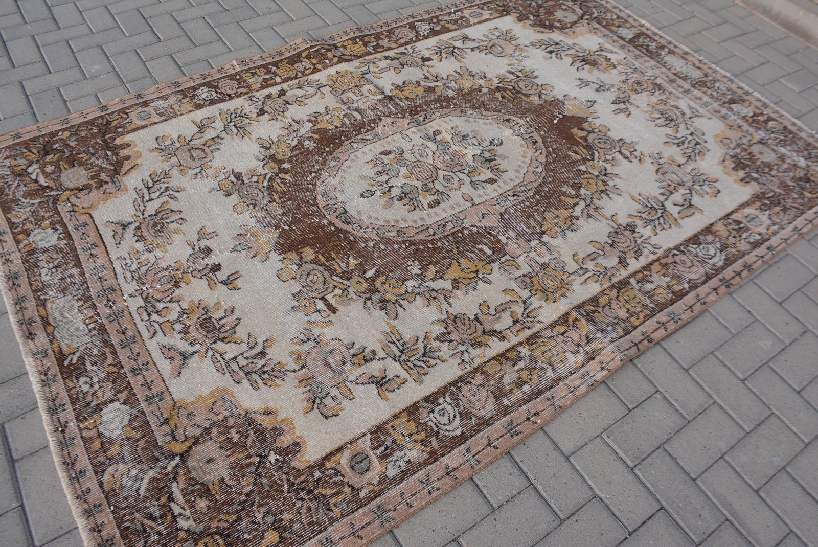Vintage Rug, Large 5,5×8,4 ft Turkish Rug, Brown Striped Wool Rug