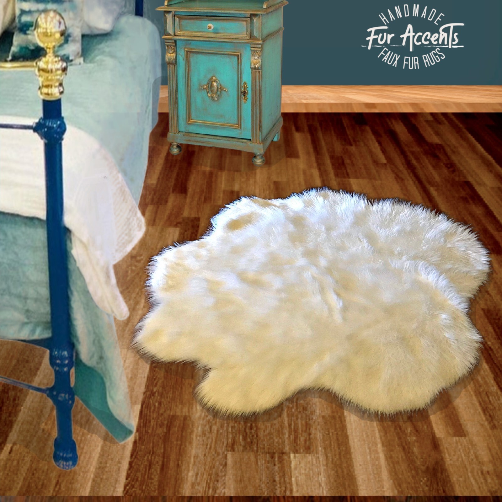 White Shag Fur Rug Random Edge Area Rug, Plush Shag 4′ x 5′ Handmade FUR ACCENTS