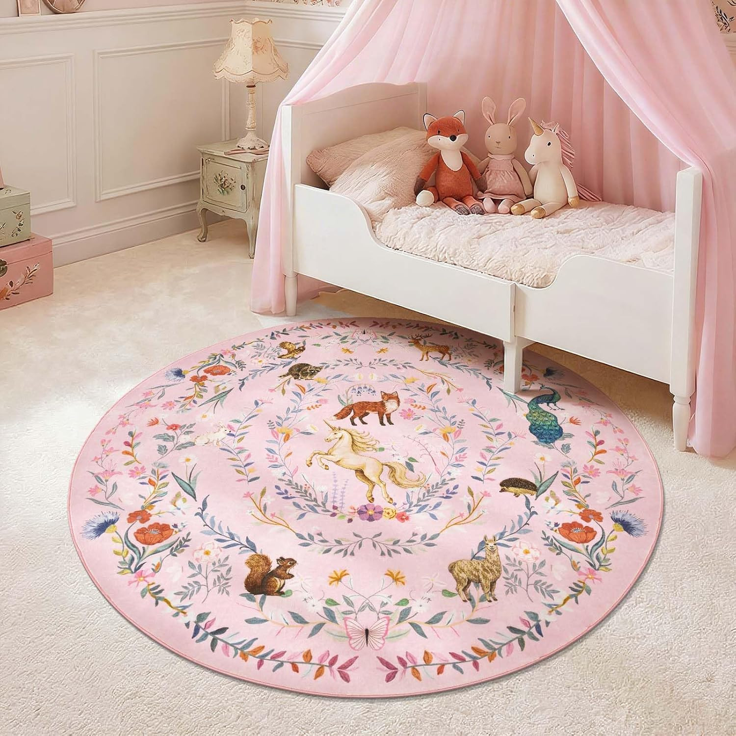5Ft round Rug Washable Kids Rug Whimsical Playroom, Lavender Pink | Soft and Com
