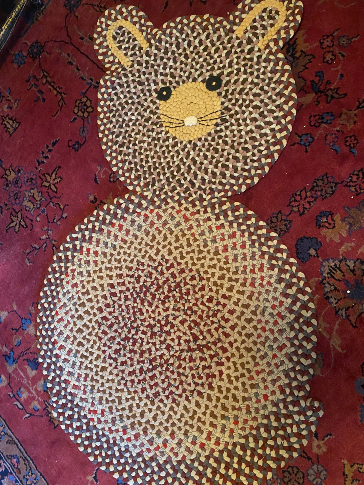 New not Antique Handmade Folk Art Cat Wool Braided Rug