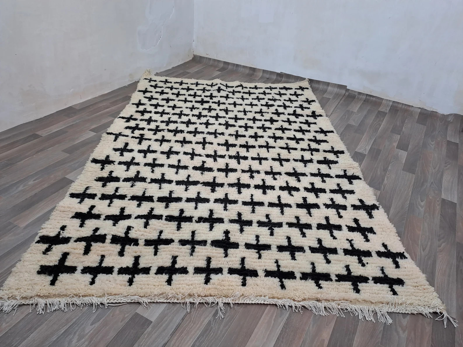Black and White Moroccan Rug: Large Handmade Wool Azilal Carpet