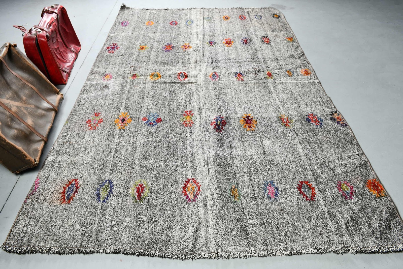6,1×9,5 ft Rug, Turkish Vintage Rug, Gray Red Oriental Wool Rug