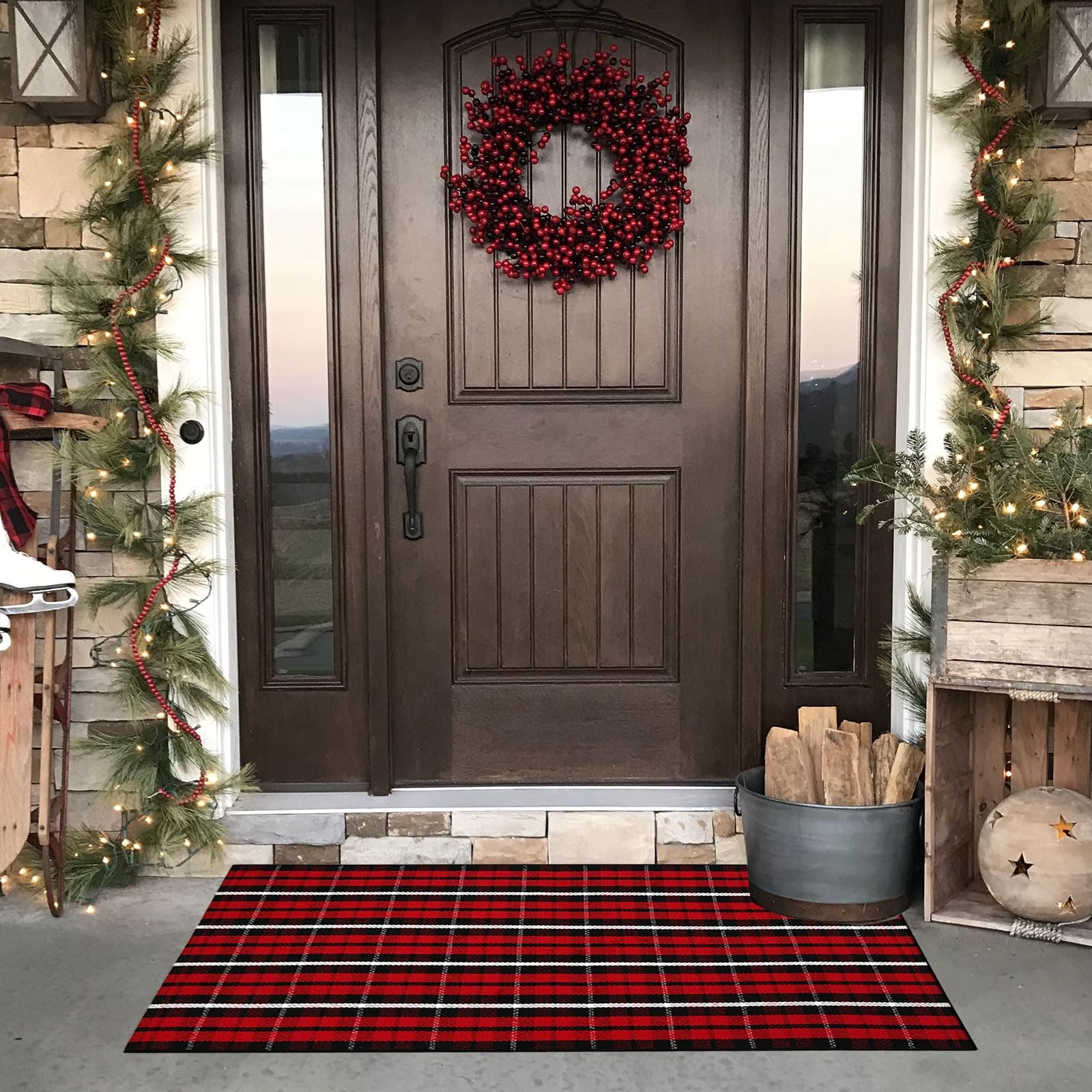 Christmas Plaid Outdoor Rug, 2′ x 4’3” Red & Black Check Indoor/Outdoor Area…