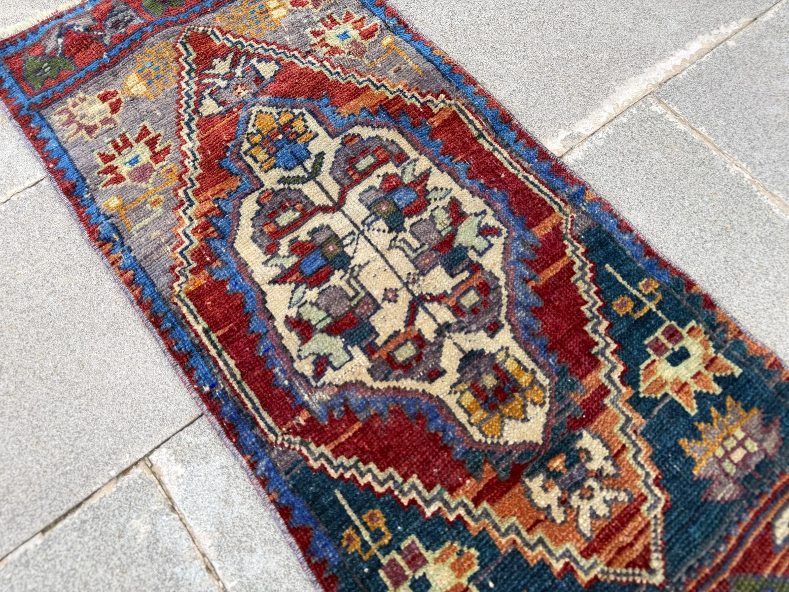 Vintage Turkish Rug 1.3×3.1 ft Faded Red Navy Blue Boho Accent Rug