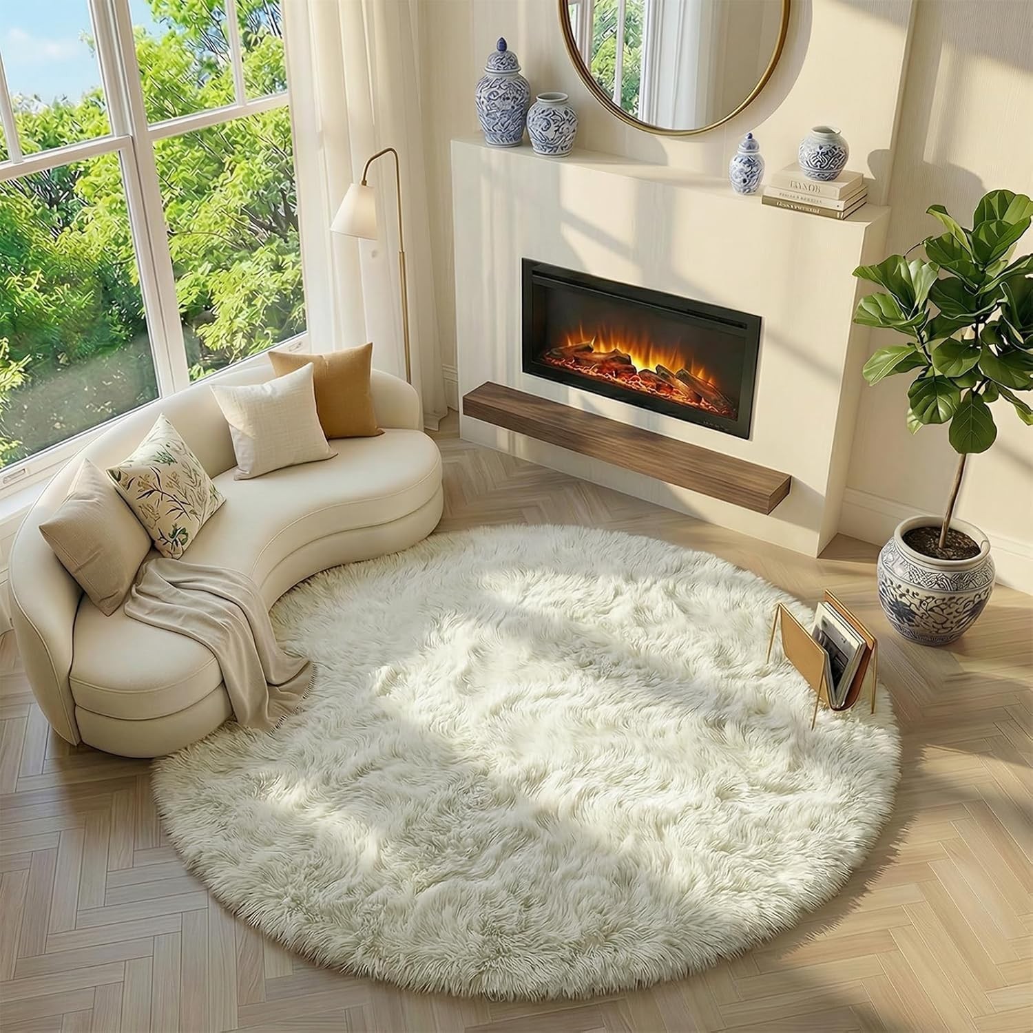 Ivory White Large Round Rug 8Ft for Kids Bedroom Aesthetic, Fluffy Fuzzy Furry