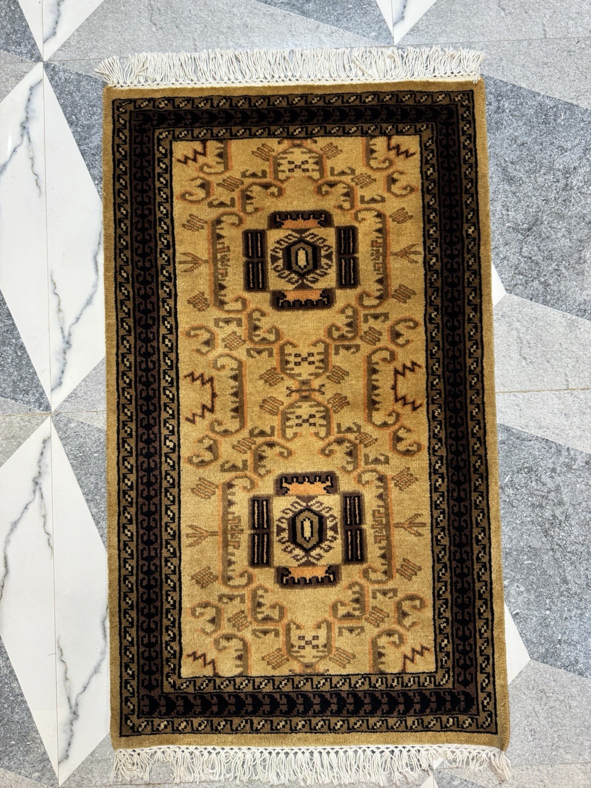 Hand knotted beige tribal wool rug, 2×3 ft vintage geometric area rug