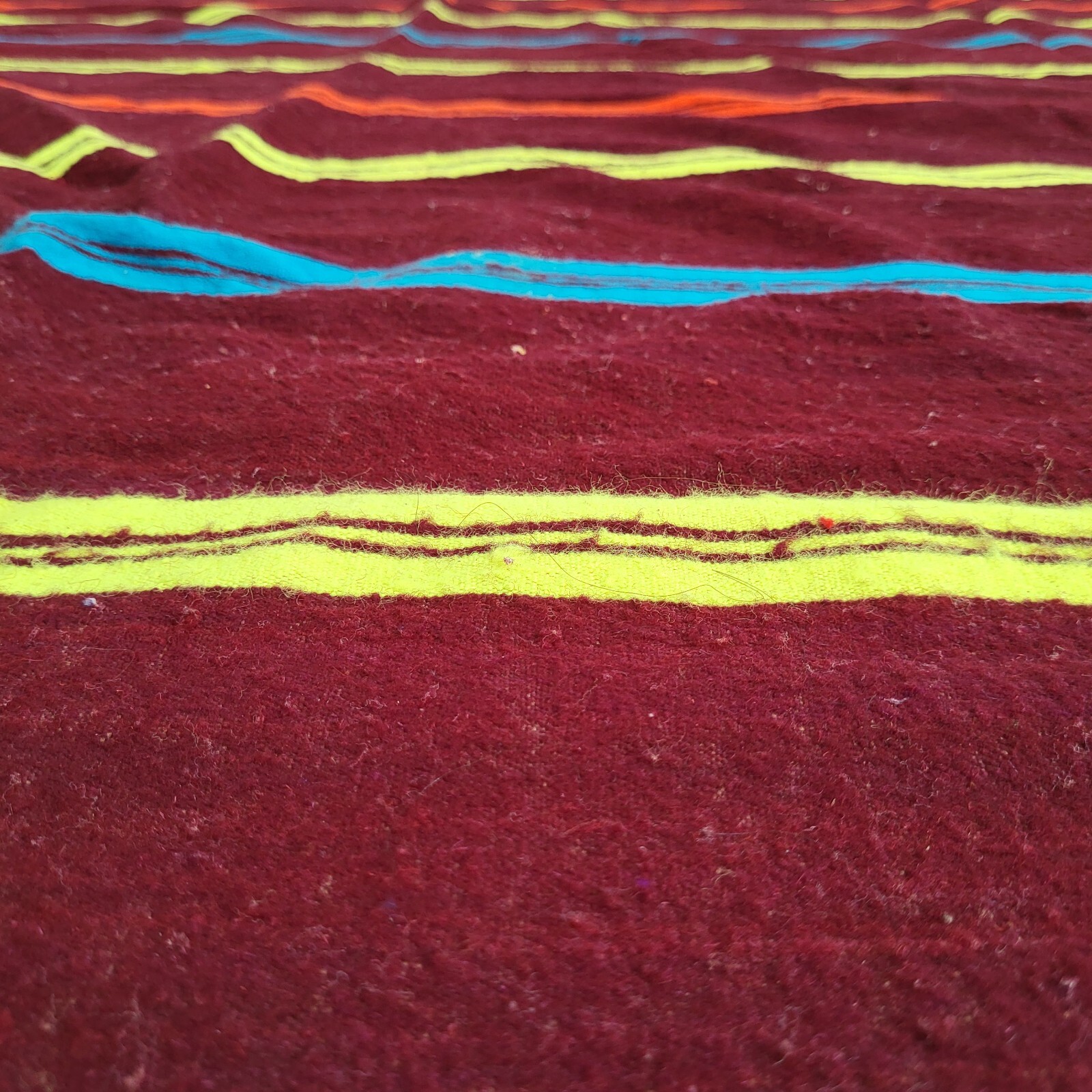 Vibrant Handmade Moroccan Rug Orange Blue Bands Yellow Berber Fringe Wool Carpet