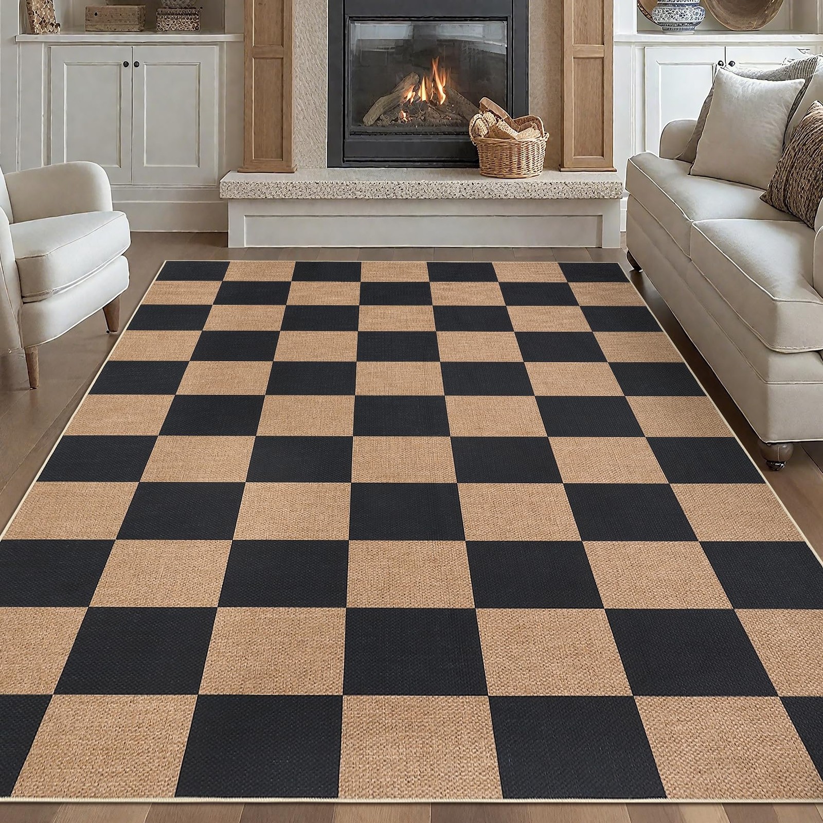 GarveeHome Easy Jute 8×10 Area Rugs for Living Room Checkered Rugs Machine Wa…