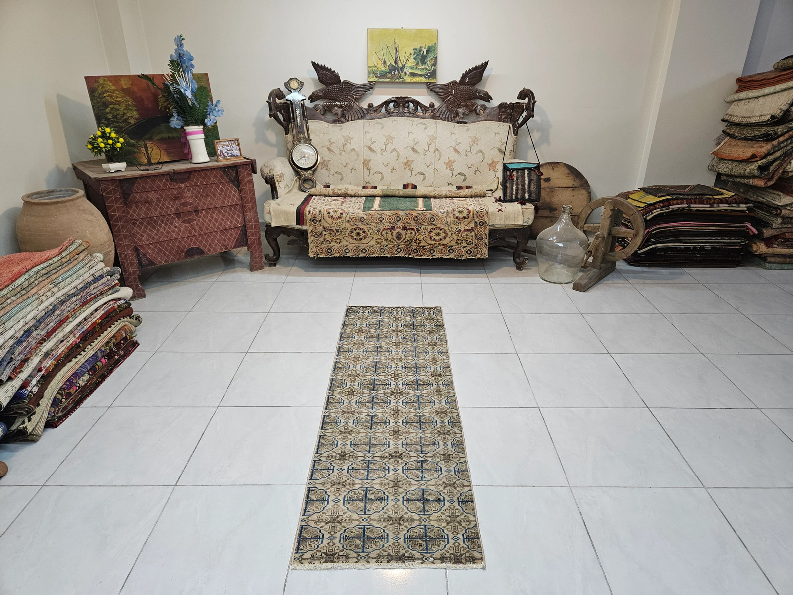 Beige Turkish Rug: 1.9 x 5.7 ft, Handwoven Wool Anatolian Vintage Carpet