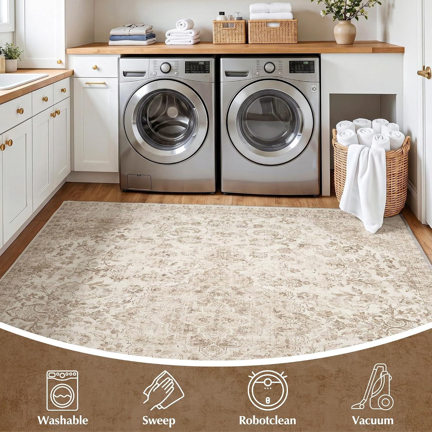 8X10 Washable Beige Neutral Vintage Oriental Area Rug for Bedroom | Cream Low Pi