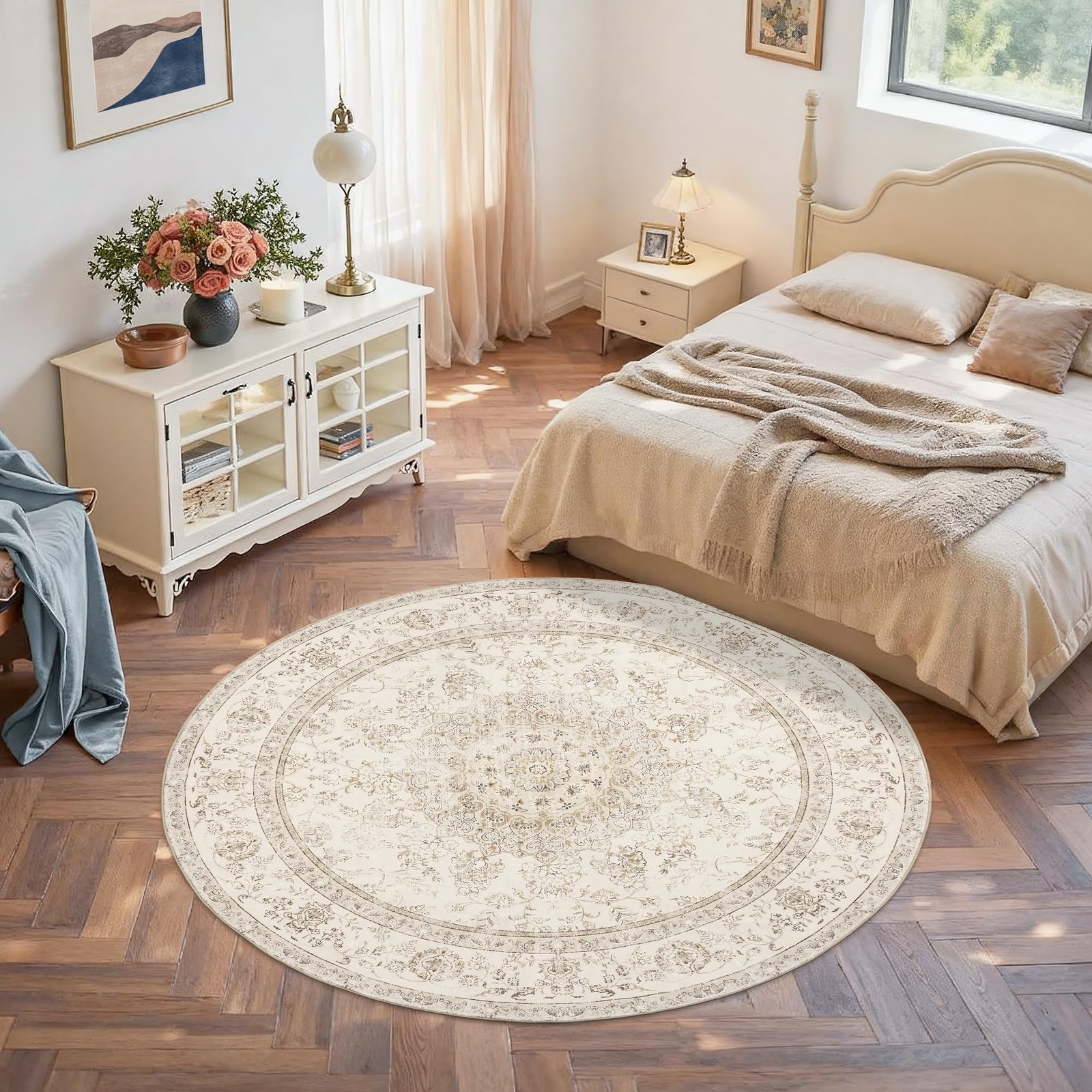 Luxcrest 5Ft Round Rug Cream Boho Washable Area Rugs For Living Room Bedroom
