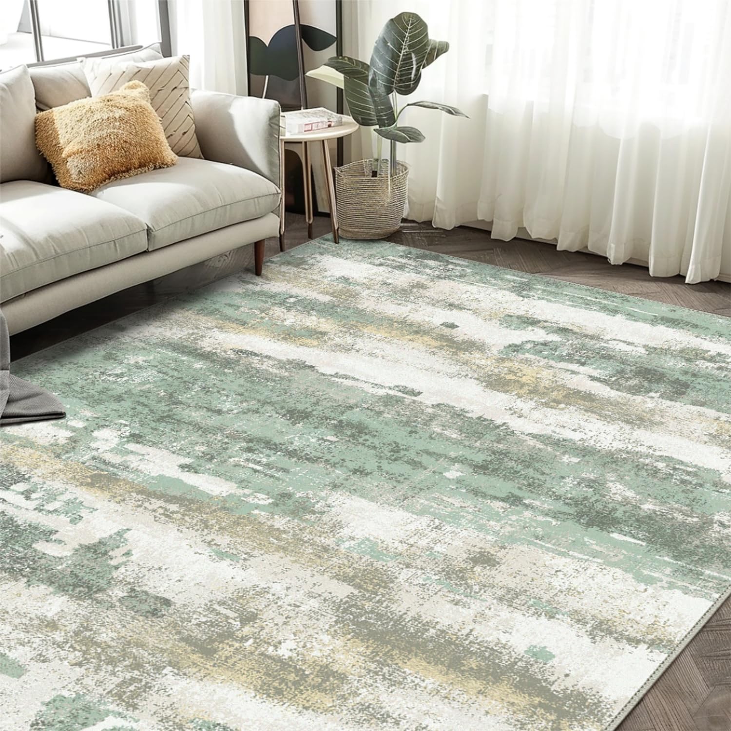 Area Rugs 5×7 for Living Room Bedroom, Modern Abstract Machine 5’x7′ Sage Green